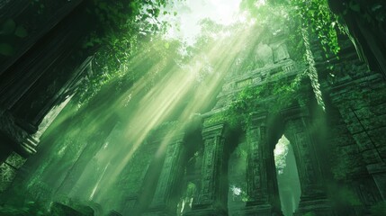 Obraz premium Lush sunlight filtering through dense green jungle canopy. Lost Planetary Temples. Illustration illustration