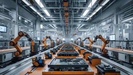 Robotic Assembly Line: An impressive perspective capturing an industrial setting, rows of robotic arms diligently working on an assembly line.