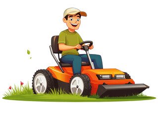 Isolated Cartoon Man Riding Lawn Mower