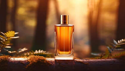 Elegant Blank Perfume Bottle Mockup with Amber Liquid in a Warm Temperature. Perfume with Forest Background and Natural Daylight.