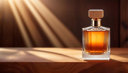 Elegant Blank Perfume Bottle Mockup with Amber Liquid in a Warm Temperature. Perfume with Wood Texture Background and Natural Daylight.