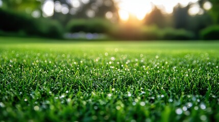 Naklejka premium Green grass with water droplets glitters in sunlight, soft blurred background. It illustrates freshness, environment, and nature very well.