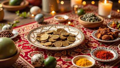 Fototapeta premium Festive table arrangement with coins and spices on decorative cloth 