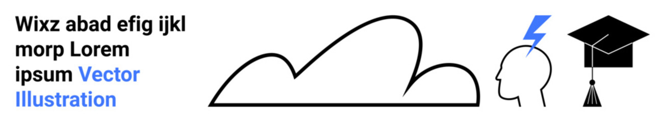 Black cloud, head with blue lightning bolt, and graduation cap. Ideal for education, creativity, technology, growth, innovation, knowledge and a simple landing page