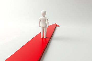 White 3D Figure Standing on a Pointing Red Arrow on a White Surface, Minimalist Concept