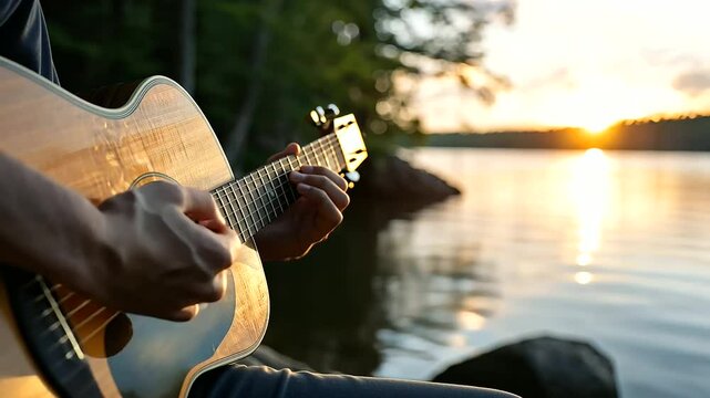 Tuning a guitar by the lakeside during a summer vacation