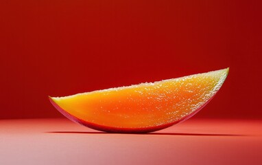 Close-up of a vibrant mango slice, glistening with tiny crystals, set against a deep red backdrop. The lighting accentuates the juicy texture and creates a dramatic, visually appealing image