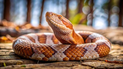 Obraz premium Venomous snake slithering through the grass with a focused eye, showcasing its dangerous and wild nature copperhead wildlife