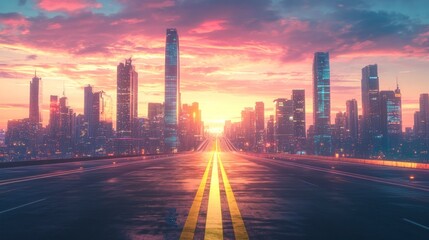 Fototapeta premium Open Road to City Skyline at Sunset