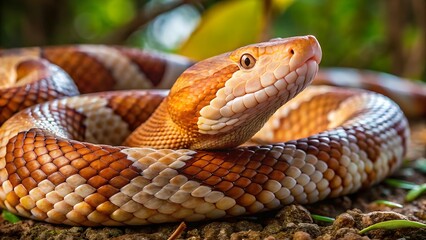 Fototapeta premium Venomous snake slithering through the grass with a focused eye, showcasing its dangerous and wild nature copperhead