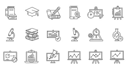 Line art icons depict education, science, and business concepts.