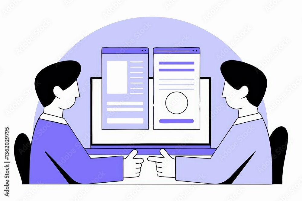 Poster two people are discussing or collaborating over a computer screen displaying web pages, emphasizing 