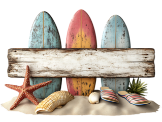 Decorative Surfboards with Seashells, Starfish, and Beach Elements