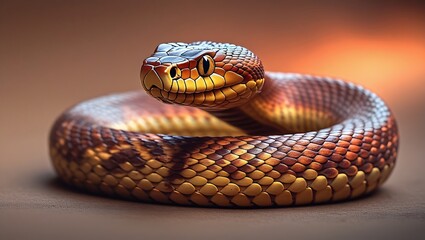 Fototapeta premium Close-up of a venomous rattlesnake in the desert with its tongue out and scales visible copperhead