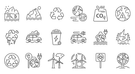 Fototapeta premium Line art icons depicting climate change and sustainability solutions.