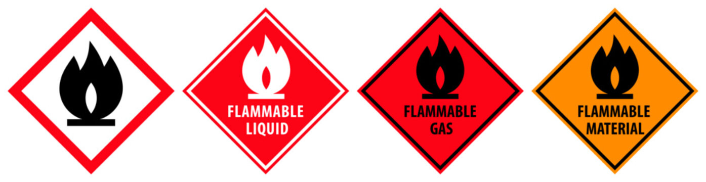 Flammable hazard warning sign set, indicating flammable gases, aerosols, liquids or solids symbol. Flammable material labels.
