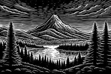 Minimalist captivating natural wonders explore majestic peaks serene lakes black and white sketch hand drawn tranquil forest
