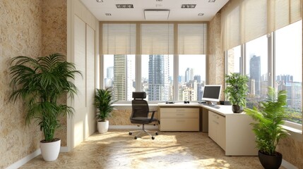 Modern City View Office: Sunlit Workspace with Plants
