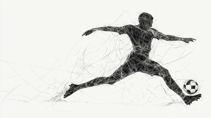 Artistic rendering of a soccer player kicking a ball with abstract line work and white background