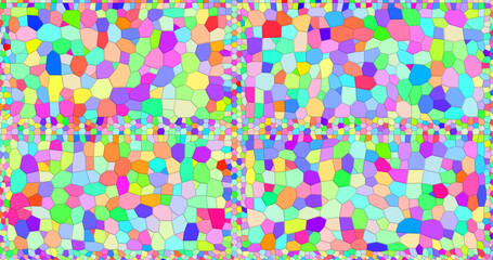 A vibrant mosaic wall with polygonal elements surrounded by a frame of small squares. The stained glass style with rich colors creates a dynamic pattern with an abstract art effect.