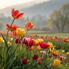 Fototapeta premium Vibrant Tulip Field in Bloom at Sunrise – Spring Garden Landscape