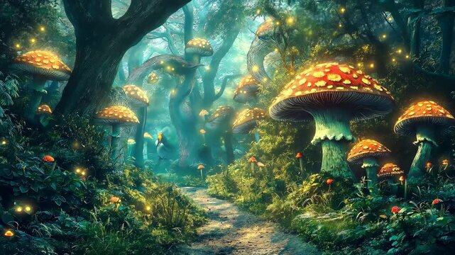 Experience an enchanted woodland, Magical fantasy mushrooms in fairy tale dreamy elf forest, Fairytale concept	