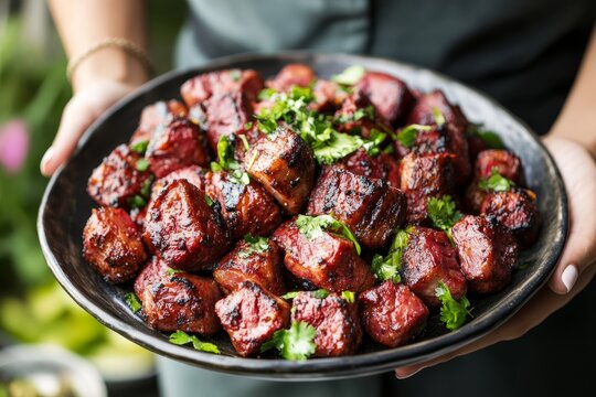Close-up shot of plate showcasing adobada, vibrant marinated pork topped with cilantro. Concept of culinary delight highlighting adobada with bold flavors and textures.