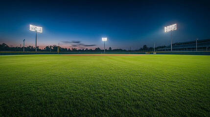 Illuminated baseball field at night with bright stadium lights and green grass in the foreground view