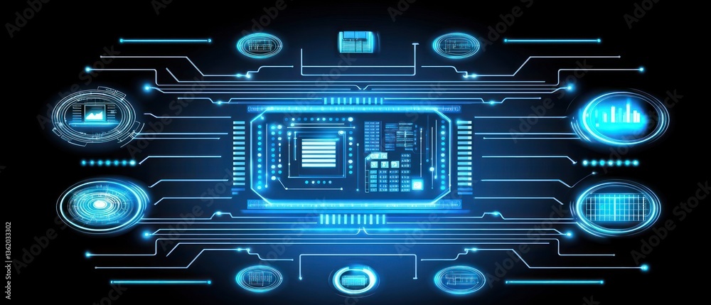 Poster abstract futuristic technology background: digital circuit board with glowing blue interfaces and da