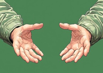 Two hands are reaching out in front of a plain green background