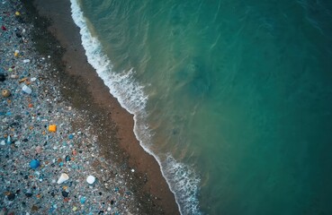 Aerial view of polluted ocean shore choked with plastic waste. Ocean water full of rubbish, garbage, plastic bottles, trash. Environmental problem, contamination, ecological disaster, plastic
