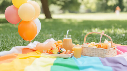 colorful picnic setup on rainbow blanket celebrates pride month with fresh fruits, juice, and balloons in sunny park