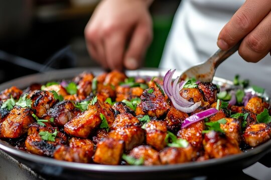 Close-up view of plate with adobada, Mexican marinated pork, garnished with red onions, vegetables, sticky sauce. Concept of flavorful adobada dish in kitchen setting.