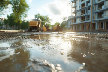 Muddy Construction Site with Apartment Building in Background