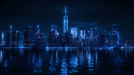 Fototapeta premium New York City Skyline at Night, Vibrant Blue Light