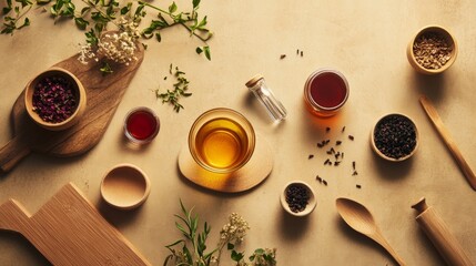 Tea and spices setup on beige tabletop with natural light