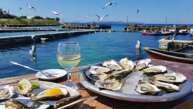 Fresh oysters and wine on a waterfront table with seagulls