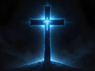 Naklejka premium Glowing Cross on a Black Background