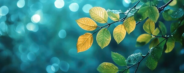 A close-up of tree leaves with a soft, blurred blue background.