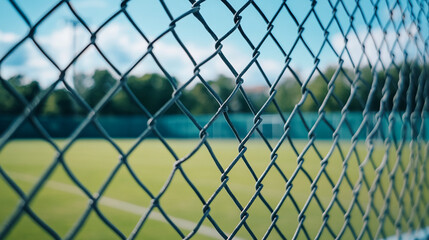 Fototapeta premium A chain link fence with a blurred background of a green field and trees under a blue sky view