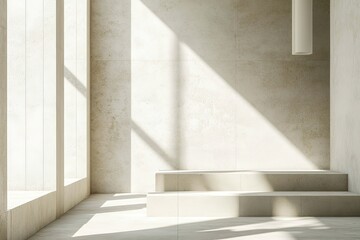 Obraz premium Minimalist Interior with Concrete Steps, Sunlight and Shadow, Abstract Architectural