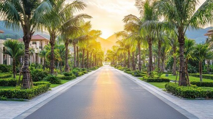 Serene Sunset Stroll: Palm-Lined Avenue in Tropical Paradise