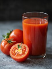 Tomatoes and a glass of tomato juice on a white background