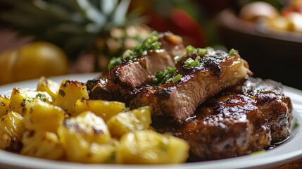 Close up of grilled meat with pineapple chunks and green garnish on a white plate presentation