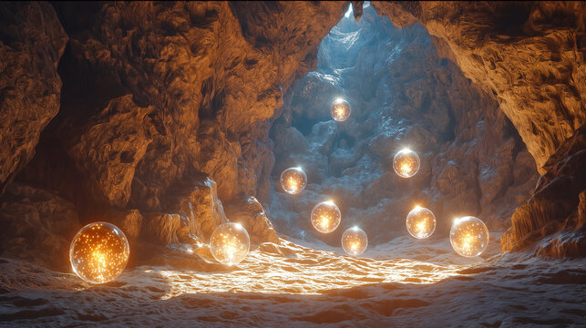Surreal cave with floating glowing orbs creating an enchanting ambiance and captivating light reflections