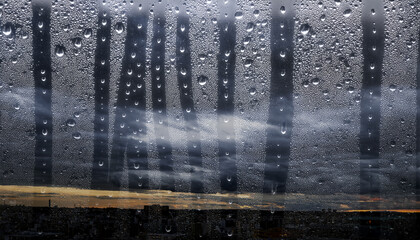 6月・梅雨　雨の降る暗い曇り空　雲の多い街の風景　雨粒の水滴がついた窓ガラス越しの背景　湿気で曇る表面　季節・湿度・天気