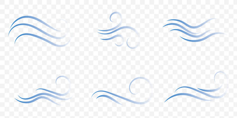 Blowing wind doodle. Outline wind movement symbol isolated on Transparent background. Hand drawn air wave icon. Climate sketch element. Vector decorative dash lines in the shape of a curve. EPS 10.