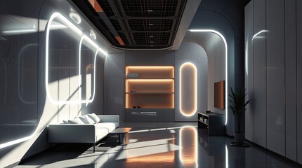 Modern living room features futuristic design and glowing lights