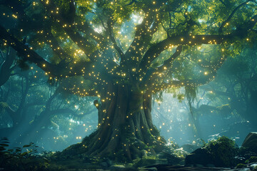 Obraz premium A majestic, ancient tree in the center of an enchanted forest, with glowing runes.