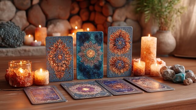 Mystical tarot cards with candles and stones.